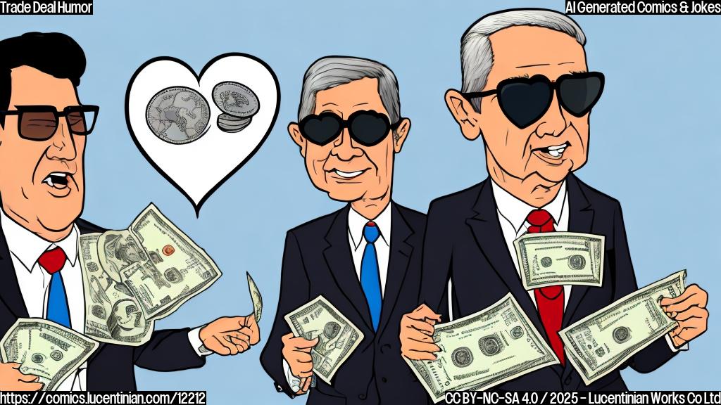 A cartoon drawing of a heart shaped trade deal wearing a suit and sunglasses, standing next to a sad looking economist with glasses and a calculator. The trade deal is holding a bag of money with a dollar sign on it. The background is a plain light blue color.