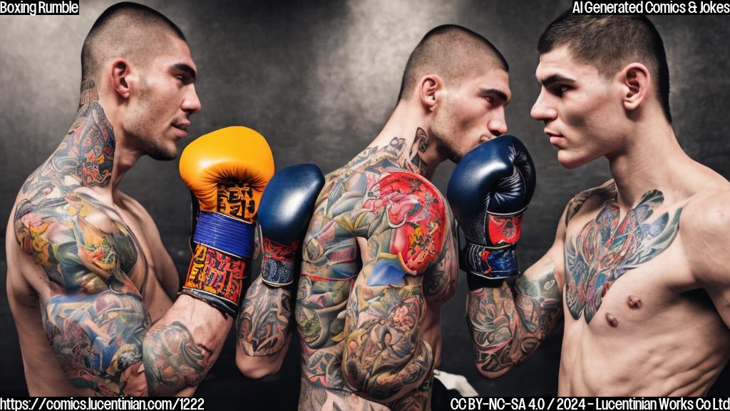 A muscular boxer with a distinctive facial tattoo and a confident smirk stands next to a tall, lanky opponent wearing trendy clothing. The boxer's gloves are pulled up, revealing bold, colorful tattoos on his arms, while the opponent looks relaxed and casual.