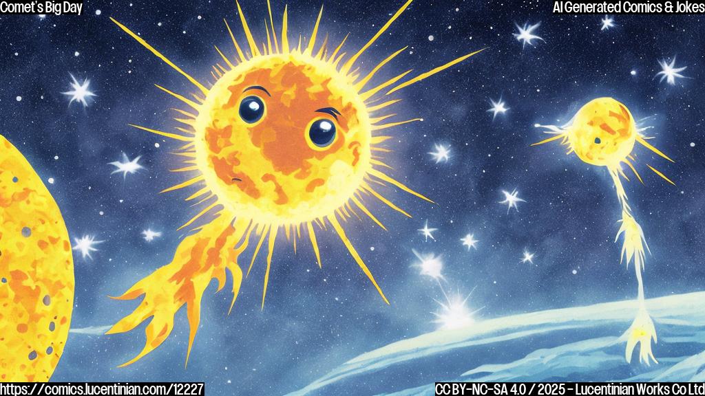 A nervous-looking cartoon comet with a long, icy tail, sweating slightly, floating in space near a large, bright yellow sun. The background is dark blue with scattered stars. The comet has big, anxious eyes.