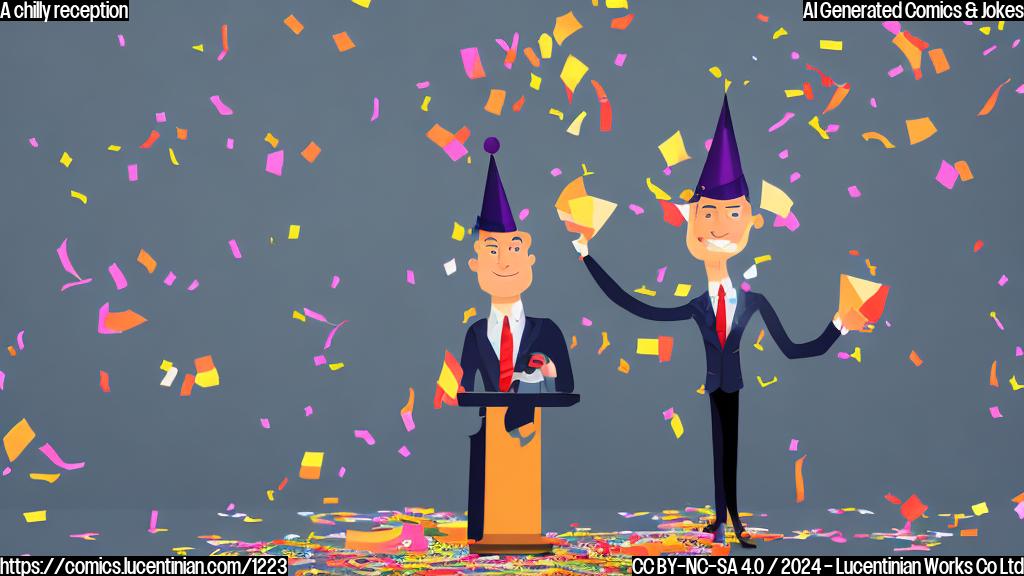 Draw a cartoon-style image of a person (a small, slender figure with a briefcase) standing at a podium, surrounded by economic indicators such as graphs and charts, with a subtle hint of a party hat on their head and a few confetti papers scattered around them. The background should be a dull grey color to reflect the UK economy's slow growth.