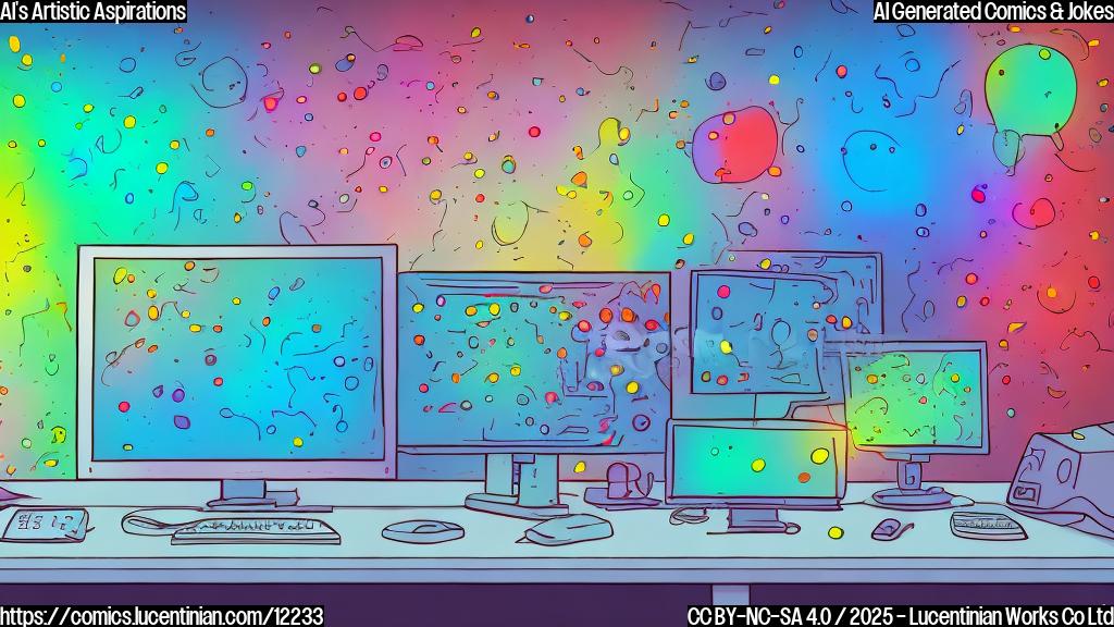 A simple, plain background cartoon illustration. In the foreground, a slightly confused looking computer with a screen displaying colorful abstract art, standing next to a palette and some brushes. The computer has googly eyes and a slightly worried expression. The background is a solid light blue.