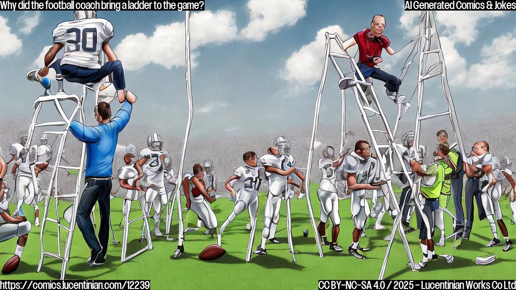 A cartoon style image of a football coach, a man with a whistle around his neck and a determined expression, carrying a comically oversized ladder onto a bright green football field. Players in uniform are looking at him confusedly. Background is a plain light blue sky.
