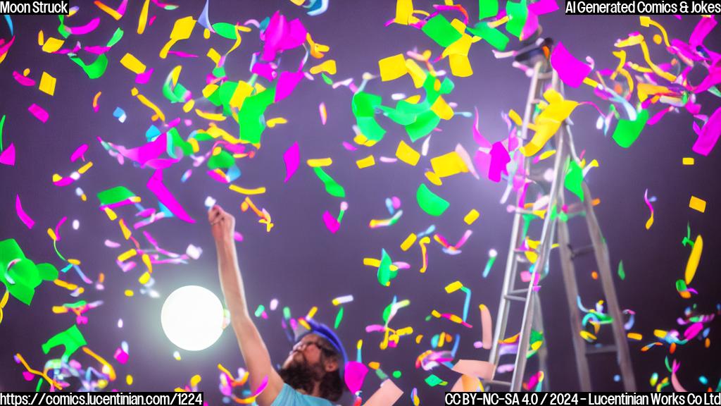 A person standing on a ladder under a full moon with a party hat and confetti in the background, surrounded by glowing neon lights. The person is holding a sign that reads "New Heights" with a ladder leaning against them.