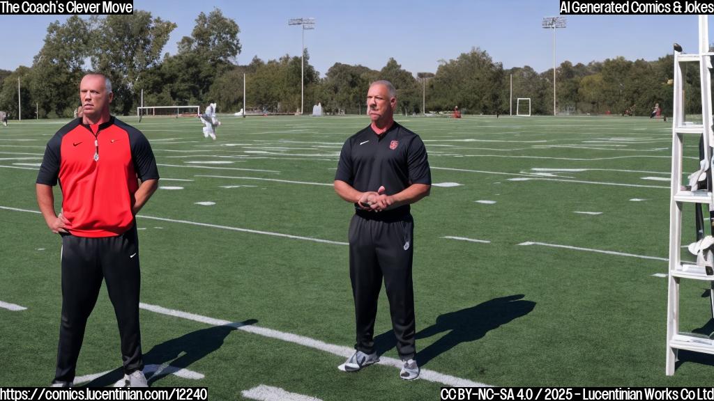 A football coach stands on top of a ladder, with a football field in the background, emphasizing the importance of defensive plays and teamwork.