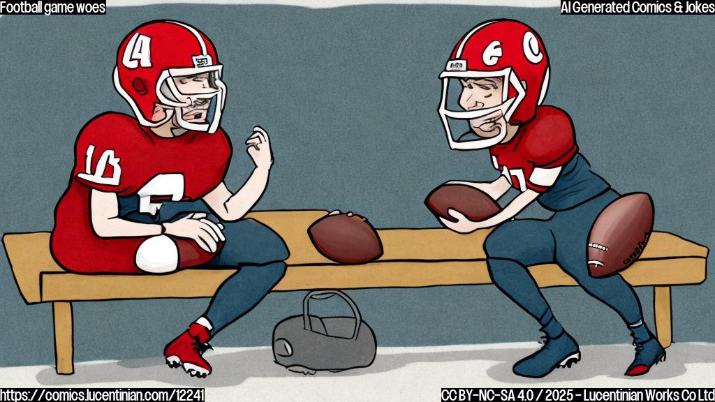 A cartoon drawing of a sad football player with a helmet sitting on a bench, plain color background.