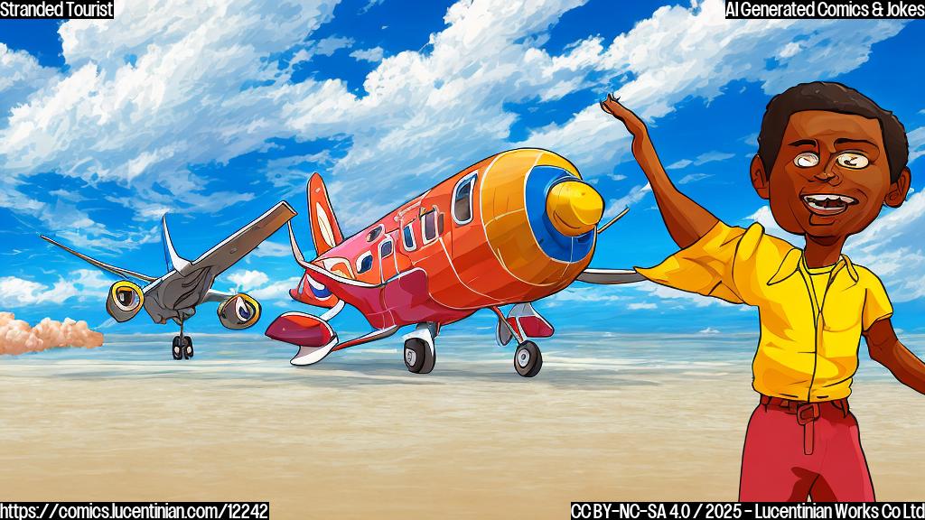 Cartoon style image of a brightly colored, almost comical, hurricane swirling around a tropical island. A single, light-skinned tourist with a large, empty suitcase stands on a beach, waving enthusiastically at a passing airplane.