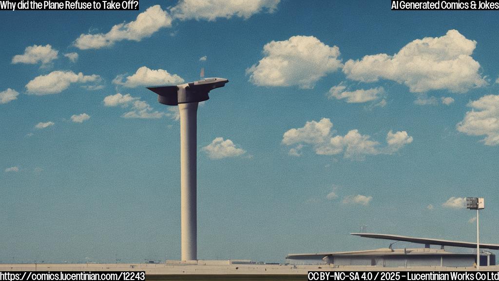 A cartoon airplane with a worried expression sitting on a runway, with empty airport control tower in the background. The sky is a simple plain blue color. The style is minimalist and childish.