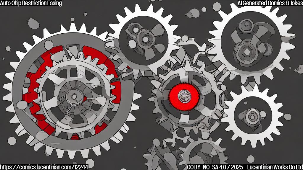 A simplistic cartoon image. Two gears, one colored red and labeled "Restrictions" and the other is green labeled "Auto Chips," slowly meshing together, a subtle sun is rising in the background behind the gears, simple background.