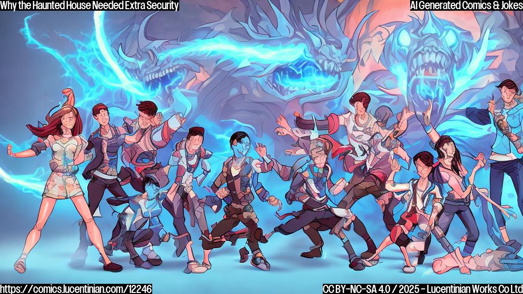 Cartoon style, plain light blue background, a group of young adults with colorful outfits and dynamic poses, facing a scary monster with glowing eyes, text above "K-Pop Demon Hunters".
