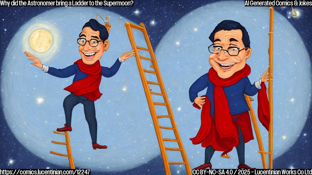 A cartoon-style image depicting a smiling astronomer with thick glasses carrying a very tall ladder towards a giant, bright, cartoon-style full moon in a dark blue sky filled with twinkling stars. The astronomer is wearing a blue coat and a red scarf. The style is simple and colorful.
