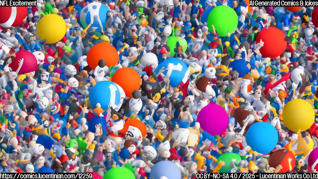 a cartoon style image of a football flying through the air, a crowd of colorful figures with simple shapes cheering wildly in the background, and a giant digital timer displaying "0:01"