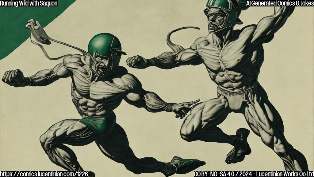 A muscular, gridiron-running figure in midnight green and white colors, wearing a helmet with a bold, angular design, charging forward with a determined expression and outstretched arms.