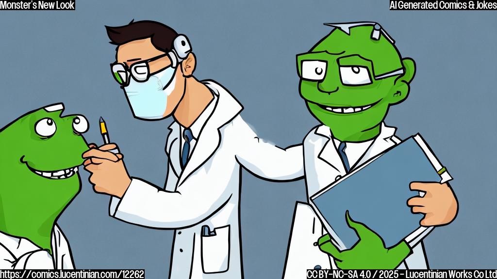 A plain color cartoon style image of a large, green monster with bolts in his neck sitting in a plastic surgeon's office. The surgeon, a small, bespectacled man in a white coat, is holding a clipboard and looking at the monster with a concerned expression. The background is a light blue wall with a diploma hanging on it.