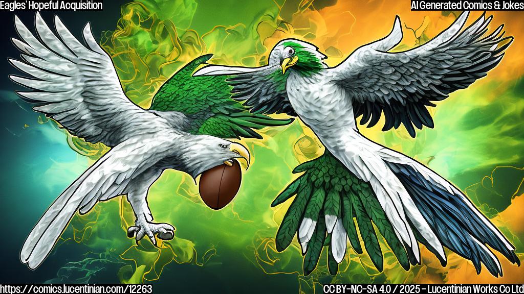 Cartoon image of a green football team logo with wings bandaging a human muscular leg with an eagle talon and football design on it. The background is a simple blue. The art style is very plain and cartoonish.