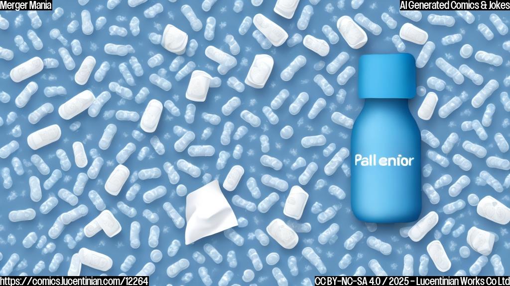 Cartoon style, plain light blue background, a box of tissues with a sad face merging into a bottle of pain reliever with a smiling face, both connected by a dotted line.