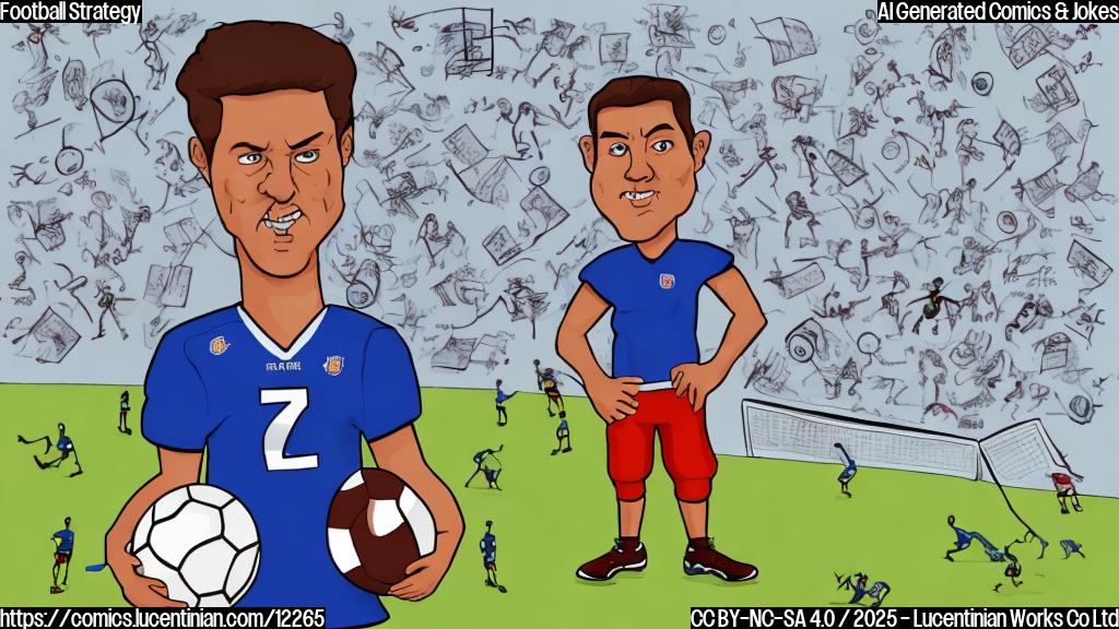 a cartoon image of a football coach with a confused expression, holding a math book with football diagrams drawn inside, standing on a brightly colored football field.