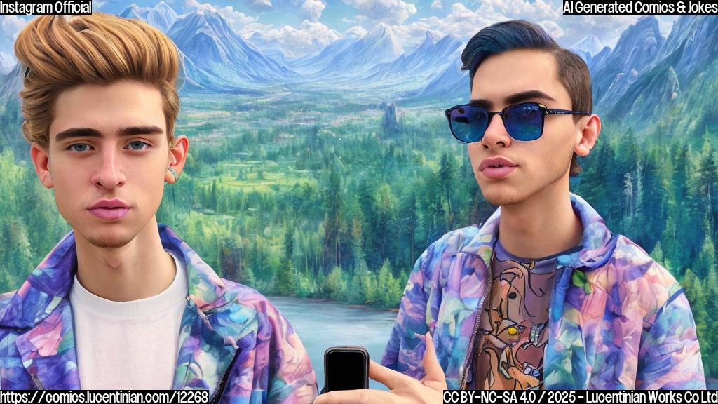 A cartoon showing a sad social media influencer, hair perfectly styled and wearing fashionable clothes, standing next to a painting of a beautiful landscape. The painting is heavily filtered with bright colors and exaggerated features. The influencer is holding a smartphone with a cracked screen. The background is a plain, light blue color.