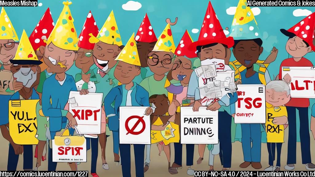 a cartoon of a group of people with measles, all wearing party hats and holding "expiring" labels on their vaccination cards, surrounded by warning signs and caution tape. One person is holding a calendar that has a big red X marked through the expiration date.