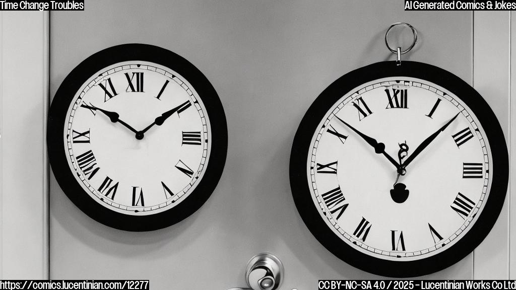 cartoon, plain background, sad looking analog clock with a face, standing outside a principal's office door, door has a sign reading "Principal"