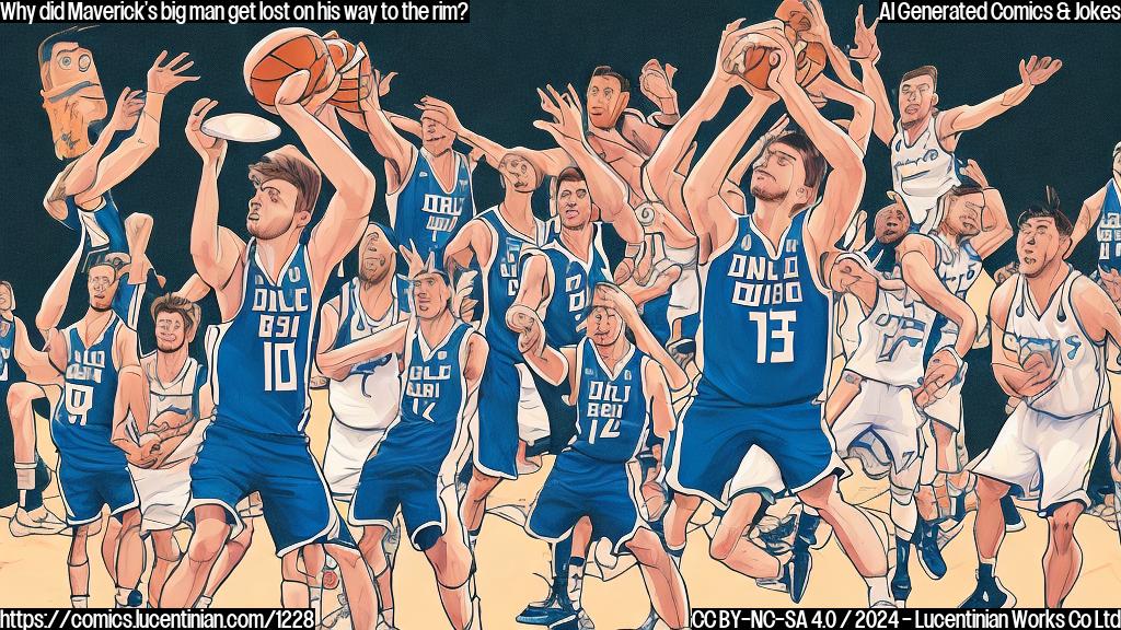 Draw a cartoon style illustration of a tall basketball player (with large hands) standing in front of a basketball hoop with Luka Doncic in the background looking confused. The tall player is holding a sandwich with a slice missing, hinting at the 'Luka-ing around' pun. In the top corner of the image, draw John Collins jumping through the air to slam dunk a ball.