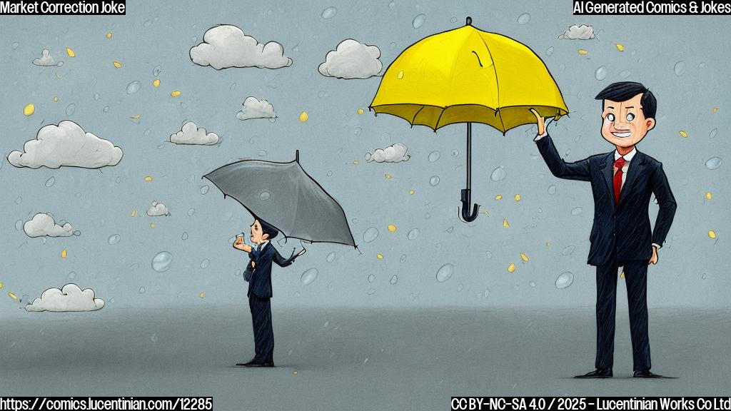 A cartoon drawing. An anxious-looking cartoon man in a business suit is standing on a small platform labeled "Stock Market". He is holding a large, bright yellow umbrella open above his head. Dark rain clouds are overhead, with dollar signs falling instead of raindrops. The style is simple and colorful, with a light blue background.