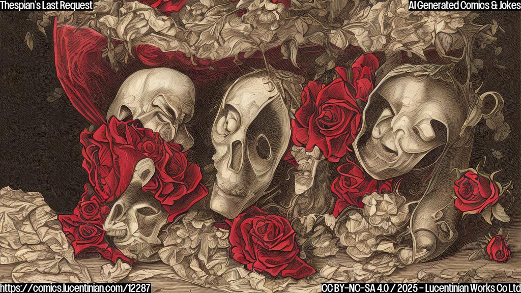 Plain color cartoon style image depicting a red velvet draped stage with a single spotlight shining on an empty coffin. Two masks of comedy and tragedy are on either side of the coffin. A single wilting rose lies on the coffin.