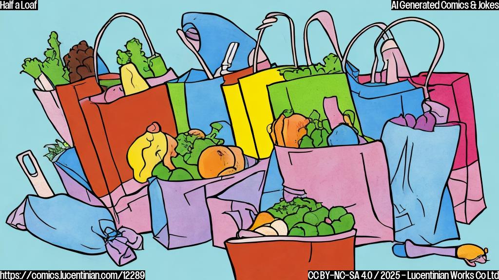 Cartoon drawing of a grocery bag with only half the items inside, against a plain blue background.
