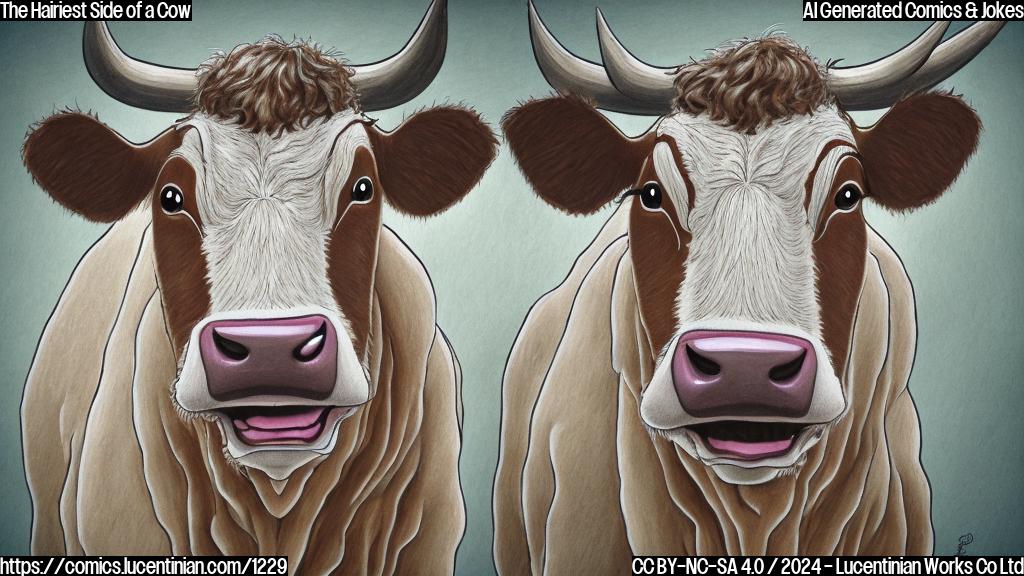 Draw a cartoon style picture of a cow with a big smile on one side and a frown on the other, with the hairier side on the left and the calmer side on the right, in a plain color style