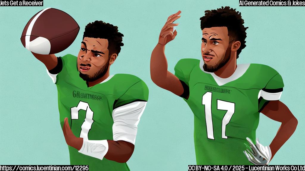 Cartoon style image of a football player with a green jersey catching a football. The player has a perplexed expression on his face. The background is a plain light blue.