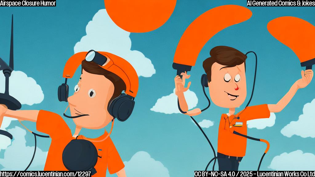 A simple, flat cartoon style image. An air traffic controller, depicted as a figure with an orange headset and a concerned expression, is carrying an oversized yellow ladder towards a cloudy blue sky. The sky has a few fluffy white clouds. The background is a solid light blue.