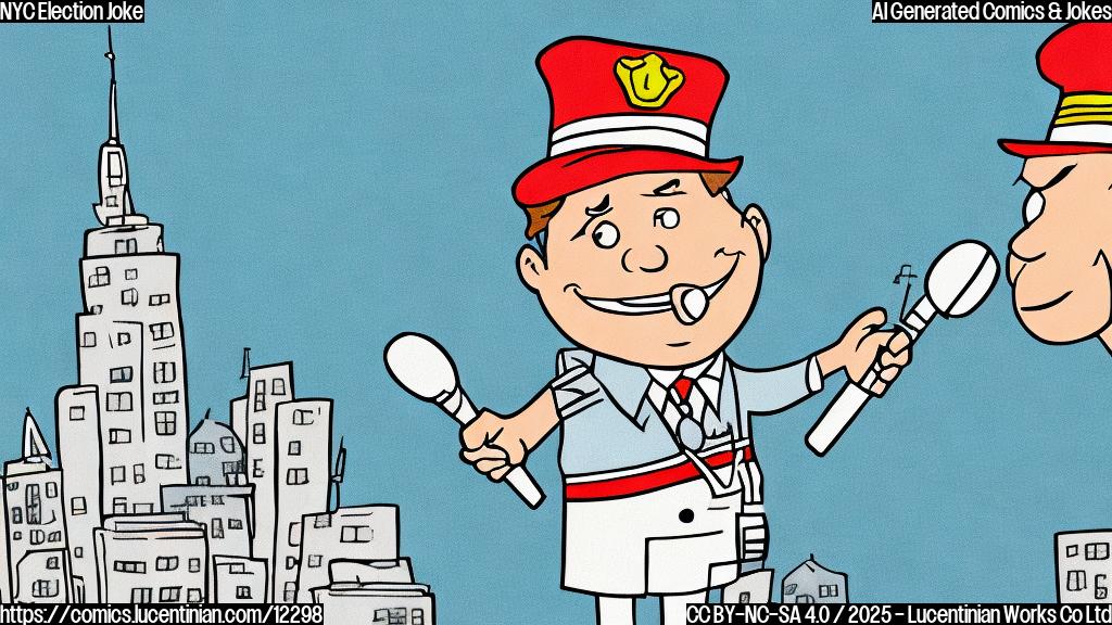 A cartoon style image of a city skyline with a smiling microphone standing in front of a podium. The microphone has a tiny hat and a sash that says "Mayor". The background is a plain, light blue color.