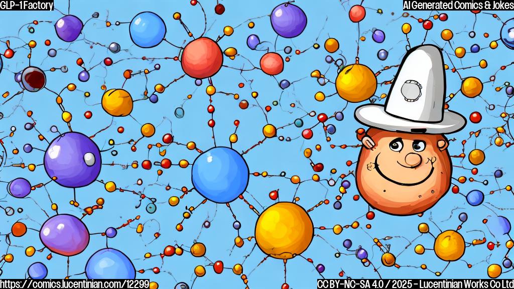 A cartoon of a cell wearing a tiny factory worker hat, operating a miniature assembly line that produces small, labeled "GLP-1" molecules. The style is simple and colorful, reminiscent of educational cartoons. The background is a plain blue.