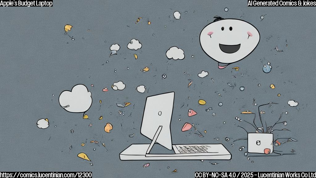 Create a plain color cartoon style picture. Show a worried, high-end looking silver laptop sweating nervously, looking at a freshly unboxed, cheerful-looking white laptop with a big smile on its screen. The background should be a simple, light blue gradient.