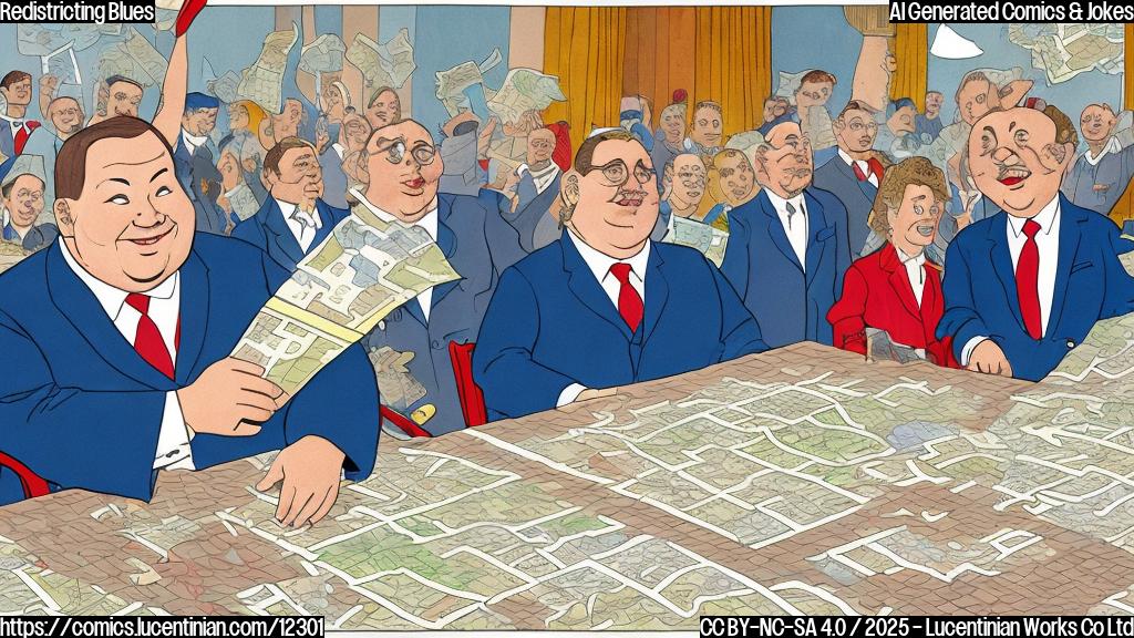 a plain color cartoon style picture of a smiling, slightly overweight politician in a blue suit, carrying a bright red ladder towards a table covered with maps. Other serious-looking people are seated at the table, pointing at the maps.