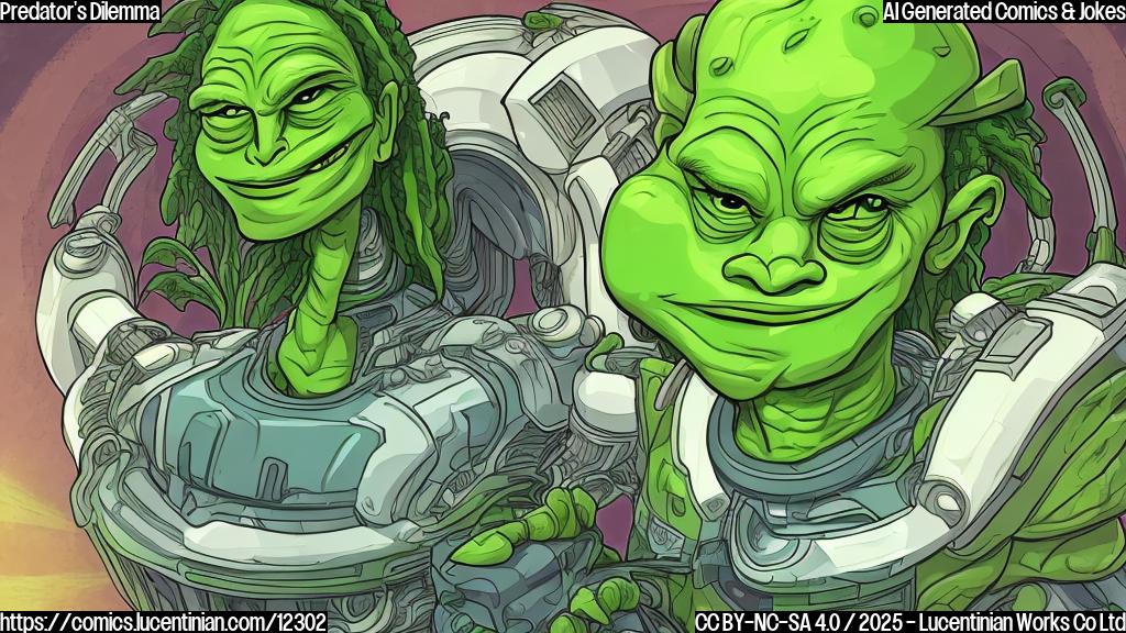 a green-skinned, dreadlocked alien in futuristic armor looking disgusted at a bowl of green salad, cartoon style, plain color background