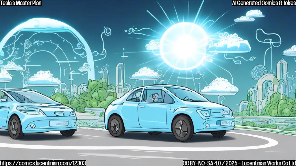 A cartoon illustration depicting a light blue electric car driving on a road made of money towards a utopian city in the clouds. The car has a speech bubble saying "Sustainable Abundance" in a slightly glitchy font. The sky is gradient from light blue to white.