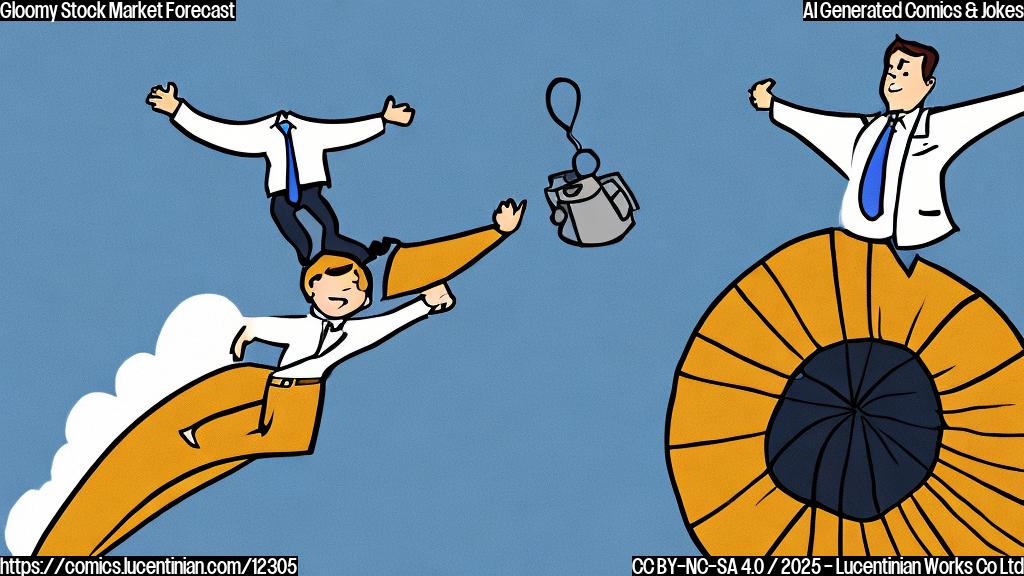 A simple cartoon drawing of a person wearing a business suit and a parachute, jumping out of a window in a skyscraper. The background is a plain light blue.