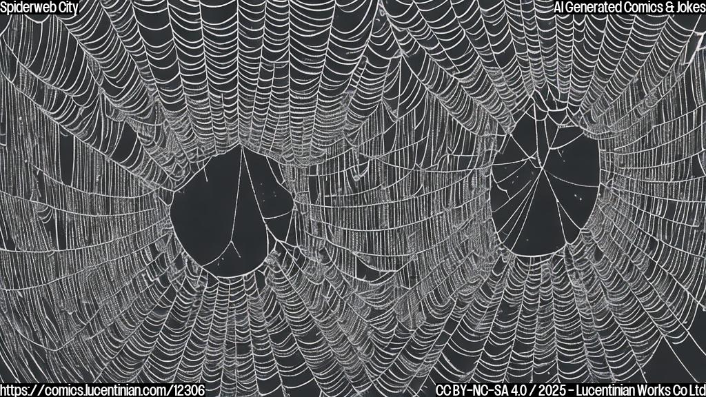 A cartoon-style image of a large, intricate spiderweb spanning across a dark cave entrance. The web is densely populated with tiny, abstract spider shapes in a plain color, and a tiny abstract shape of a spider realtor with a briefcase in front of the spiderweb.