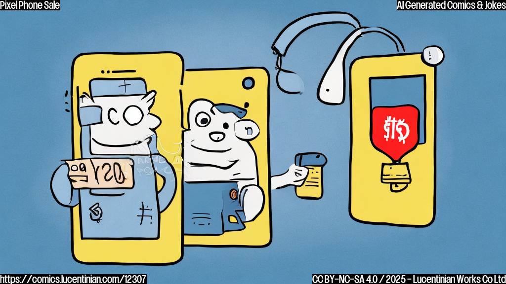 A plain color cartoon of a smartphone with a price tag hanging on it, winking with a friendly expression.