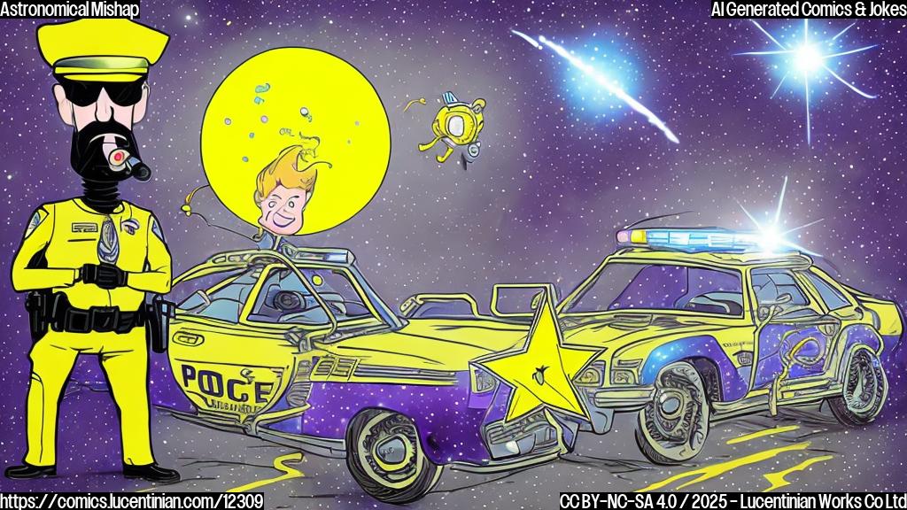 A cartoon image of a yellow, five-pointed star wearing sunglasses being pulled over by a police officer who has a dark, swirling, void-like head and a space suit, set against a deep purple background with scattered small white dots. The star is emitting a bright yellow glow. The police officer is holding a radar gun pointed at the star.