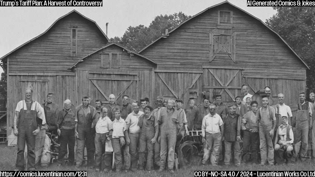 A stern-looking, older man with a comb-over and a stern expression is standing in front of a large, red barn. He has a large stack of documents and a pen in hand, while a small group of people in overalls are gathered around him, looking concerned. In the background, there are several farm tools and a large tractor.
