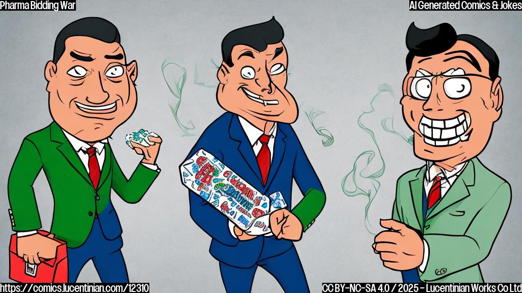 Cartoon image. Two stylized business people, one with a blue suit and the other with a green suit, are pulling on opposite ends of a candy bar. The candy bar has a dollar sign on it. The background is a plain light gray.