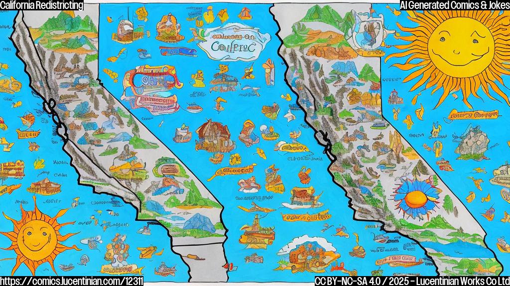 Draw a light blue cartoon style map of California being redrawn with various colorful crayons, with a smiling sun in the corner.
