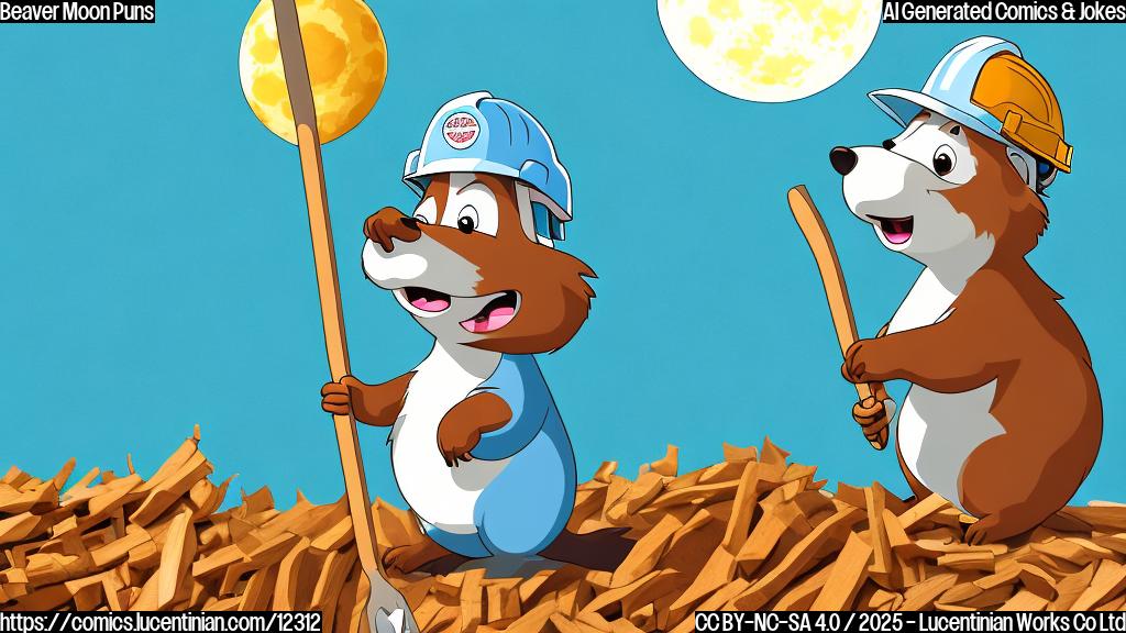 cartoon style, plain light blue background, a cartoon beaver wearing a hard hat and holding a tiny rake, looking up at a cartoon moon with craters shaped like wood chips