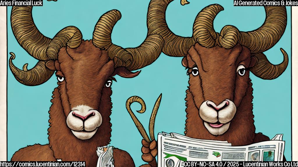 Cartoon of a ram with curly horns reading a newspaper with a worried expression. The headline on the newspaper reads "Horoscope". The ram is wearing a blue t-shirt. The background is a plain light green.