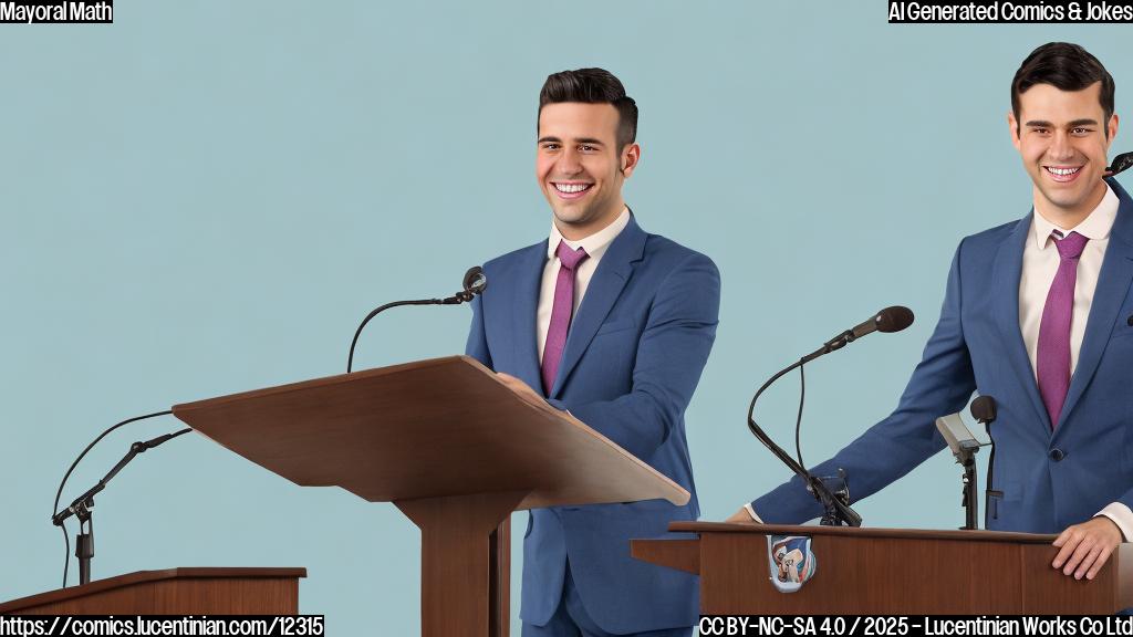 A cartoon style image of a young, smiling man in a suit and tie, standing behind a podium with a microphone. The background is a plain, light blue color. The man has dark hair and a friendly expression.