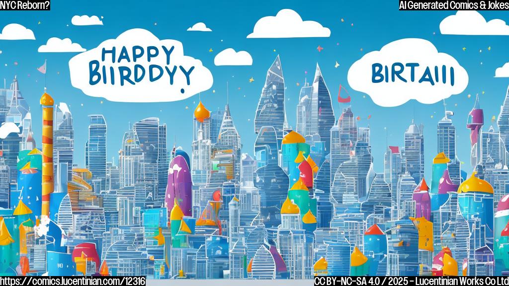 A cartoon image of the skyline of a generic big city, with buildings shaped like birthday cakes. A large banner across the sky reads "Reborn!". The sky is a bright, cheerful blue. The style is plain color cartoon.