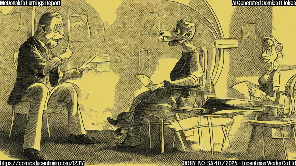 A light yellow colored cartoon graph showing a slight upward trend, with a worried-looking, anthropomorphic golden arch symbol sitting at the bottom of the graph, talking to a therapist character represented by a chair, plain color background.