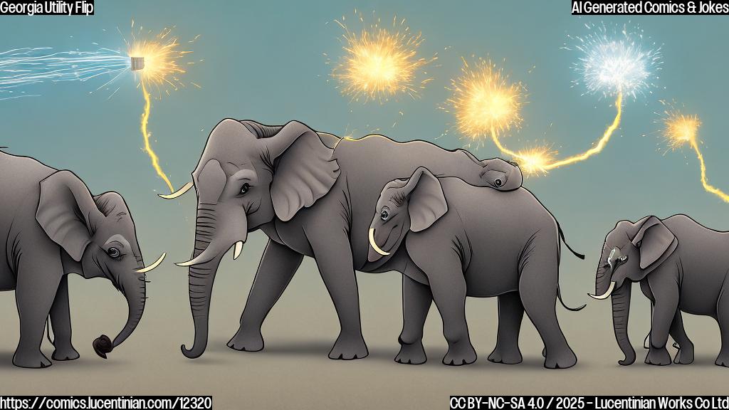 Cartoon illustration of two worried looking elephants (representing Republicans) standing next to a large electrical generator with sparking wires. Two donkeys (representing Democrats) are playfully turning a large power switch nearby, causing the generator to dim. The background is a plain light blue.