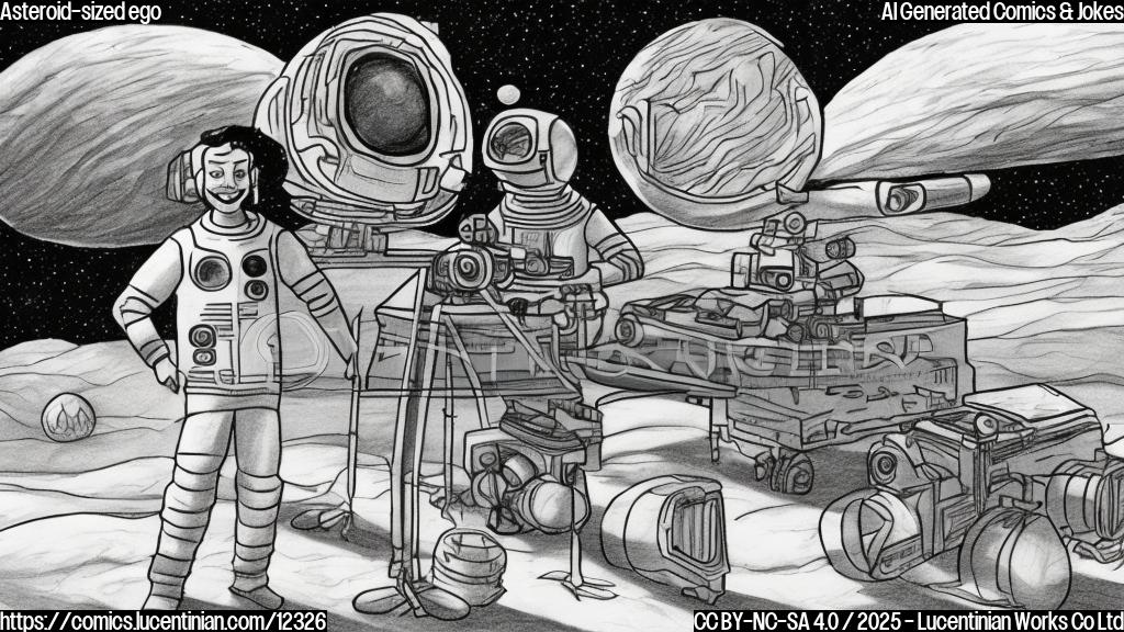 Draw a simple cartoon of a smiling, starry-eyed space journalist with a camera and telescope, standing in front of a computer screen displaying a blurred Mars landscape, while another space journalist looks on with a surprised expression.
